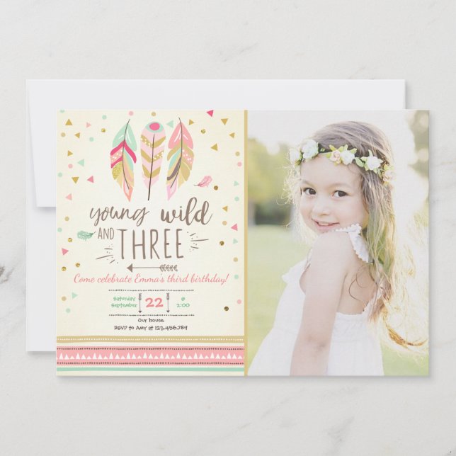 Ung vild och tre inbjudan Girl Rosa Guld 3:e (Framsida)