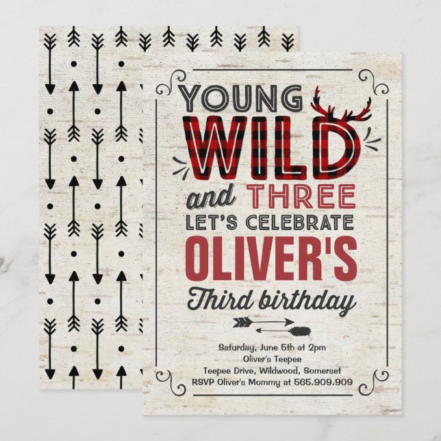 Ung Vild och tre inbjudningar Rustic Lumberjack (Fram/baksida)