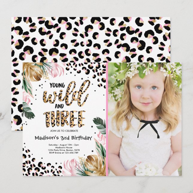 Ung Vild och tre Jungle Leopard skriver ut på föde Inbjudningar (Fram/baksida)