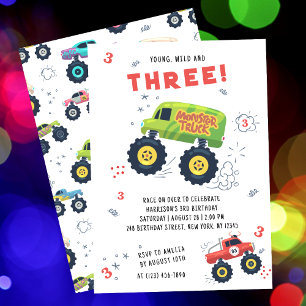 Ung vild och tre monstertruck födelsedagsfest inbjudningar