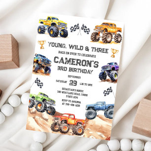 Ung, vild och tre monstertruckpojke 3-årsdag inbjudningar