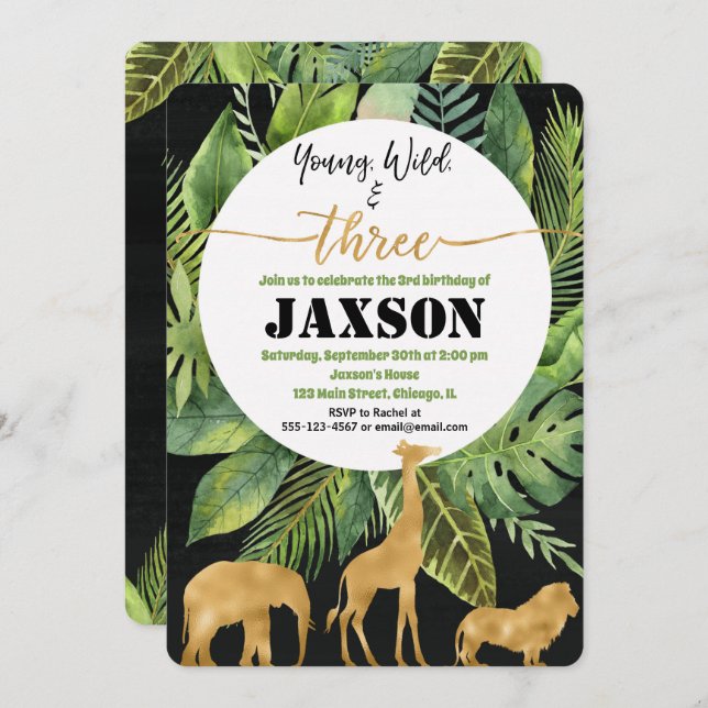 Ung vild och tre pojkars födelsedagsinbjudan guld inbjudningar (Fram/baksida)