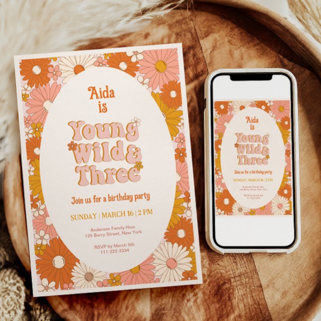 Ung Vild och tre Retro-Daisy 3:e födelsedagen Inbjudningar (Skapare uppladdad)
