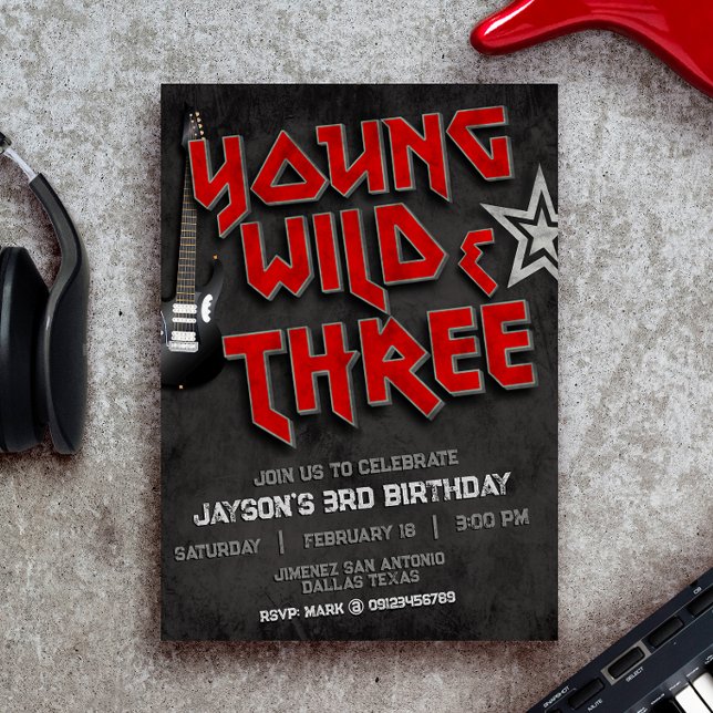 Ung vild och tre rockinbjudan inbjudningar (Young Wild and Three Rock Invitation)