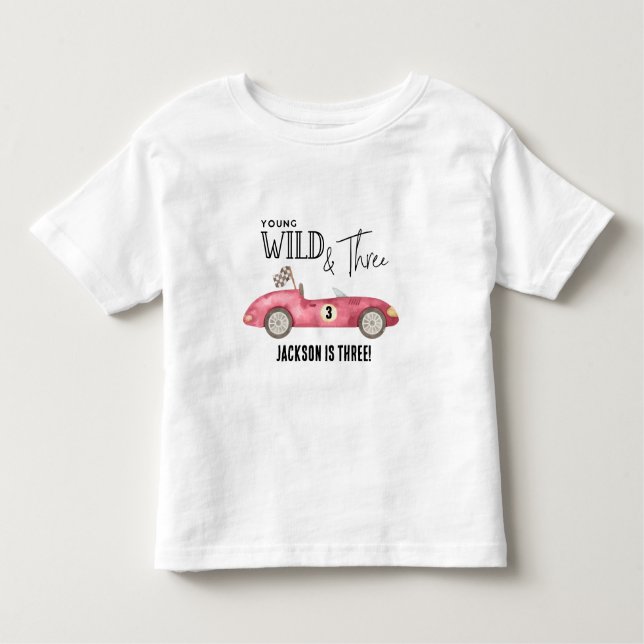 Ung vild och TRE Röda tävlingsbil 3-års födelsedag T Shirt (Framsida)