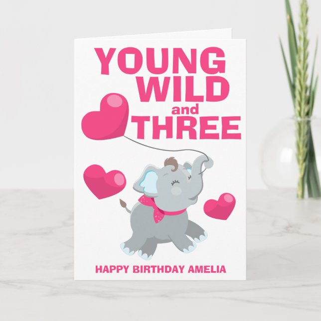 Ung vild och tre rosa 3-års födelsedag kort (Framsida)