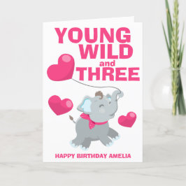 Ung vild och tre rosa 3-års födelsedag kort