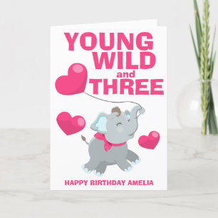 Ung vild och tre rosa 3-års födelsedag kort