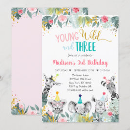 Ung Vild Och Tre Rosa Födelsedagsdjur Fest Inbjudningar