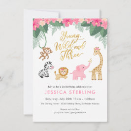 Ung Vild och tre - Rosa Safari Girl's 3rd Inbjudningar