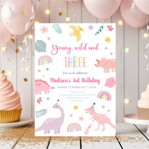Ung Vild och tre Rosor Dinosaur Birthday Inbjudningar