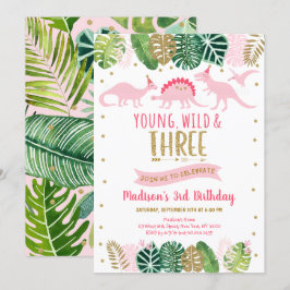 Ung Vild och tre Rosor Dinosaur Birthday Inbjudningar