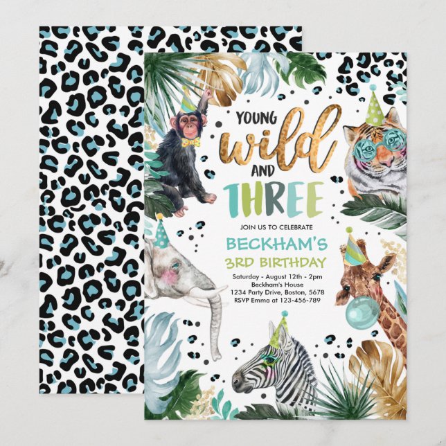 Ung Vild och tre Safari Animals 3:e födelsedagen Inbjudningar (Fram/baksida)