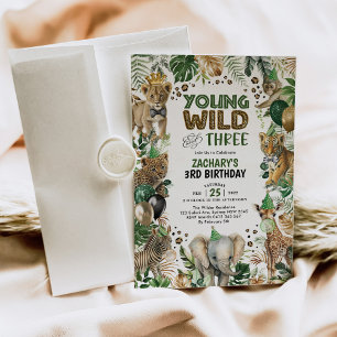 Ung Vild och tre Safari Animals Boy 3rd Birthday Inbjudningar
