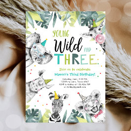 Ung Vild och tre Safari Animals Boy Birthday Inbjudningar