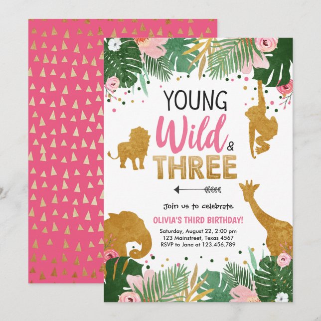 Ung Vild och tre Safari Animals Girl Birthday Inbjudningar (Fram/baksida)