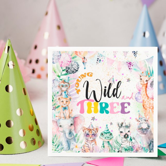 Ung Vild och tre Safari Animals Girl Birthday Pappersservett (Skapare uppladdad)