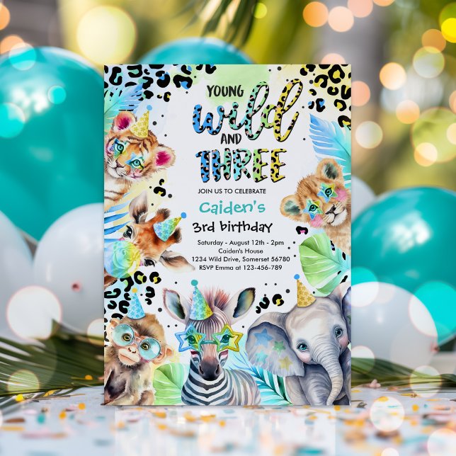 Ung Vild och tre safari Blue Boy Birthday Inbjudningar (Skapare uppladdad)