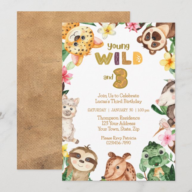 Ung Vild och tre Safari-djur 3:e födelsedagen Inbjudningar (Fram/baksida)