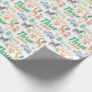 Ung Vild och tre Safari-djur 3:e födelsedagen Presentpapper