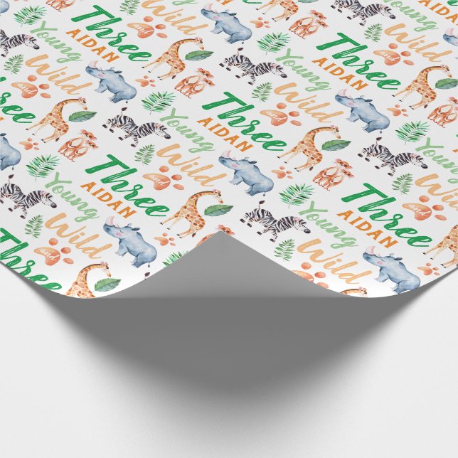 Ung Vild och tre Safari-djur 3:e födelsedagen Presentpapper (Hörn)