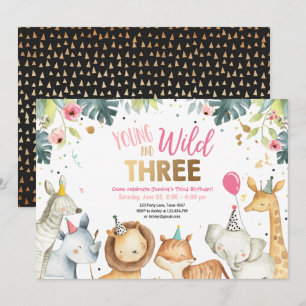 Ung Vild och tre Safari Girl Animals Birthday Inbjudningar