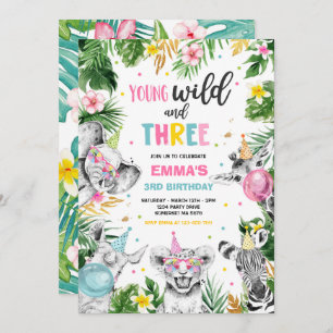 Ung Vild och tre Safari Jungle Animals Party Inbjudningar