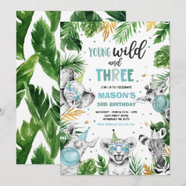 Ung Vild och tre Safari Jungle Animals Party Inbjudningar