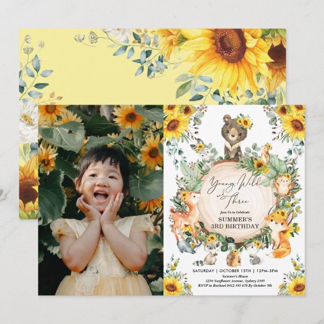 Ung Vild och tre solrosträd, födelsedag Inbjudningar (Fram/baksida)