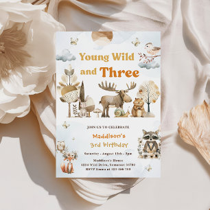 Ung Vild och tre trädsdjur 3:e födelsedagen Inbjudningar