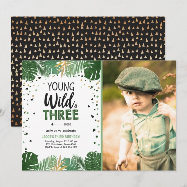 Ung Vild och tre tropiska Safari Boy Birthday Inbjudningar (Fram/baksida)