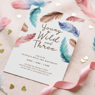 Ung Vild och tre vattenfärger Boho Feathers Inbjudningar