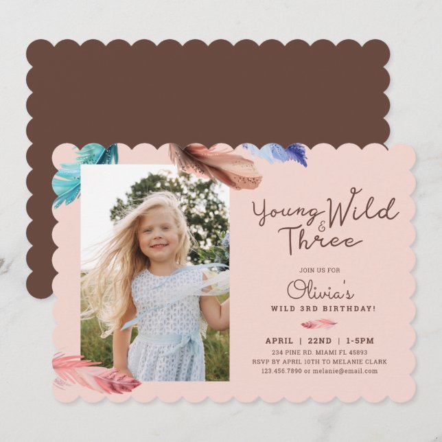 Ung Vild och tre vattenfärger Boho Feathers Photo Inbjudningar (Fram/baksida)