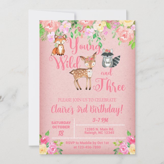 Ung vild och tre Woodland Girl inbjudan. Inbjudningar (Framsida)