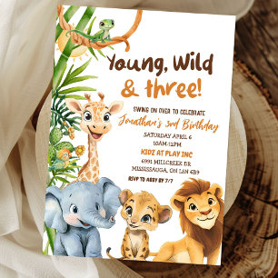 Ung Vild och tre Zoo Safari Boy Tredje födelsedage Inbjudningar