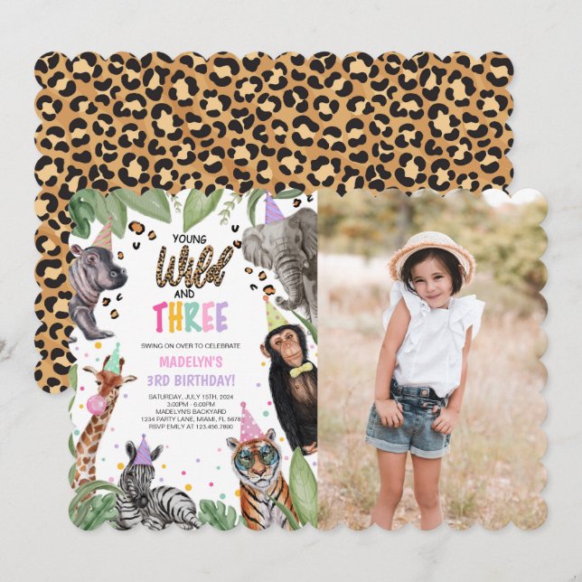 Ung Vild och Tree Safari 3rd Birthday Photo Inbjudningar (Fram/baksida)