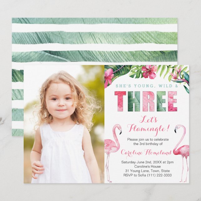 Ung Vild TRE, flicka 3:e födelsedagen Party Bild Inbjudningar (Fram/baksida)