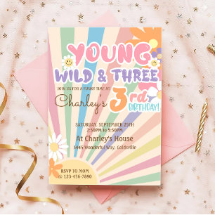 Ung Vild Tre Groovy Solsken Boho 3-årsdag Inbjudningar