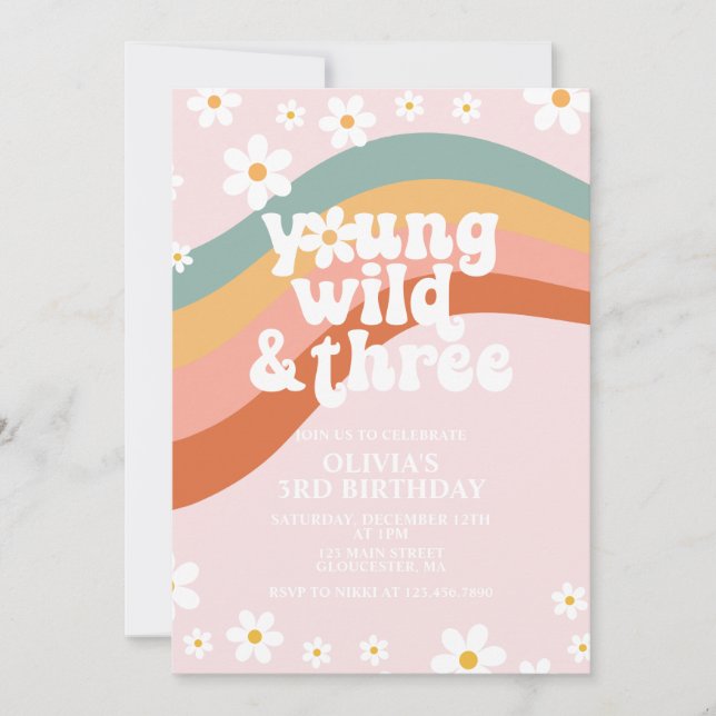 Ung vild tre groovy tusenskönas regnbåge 3-årsdag inbjudningar (Framsida)