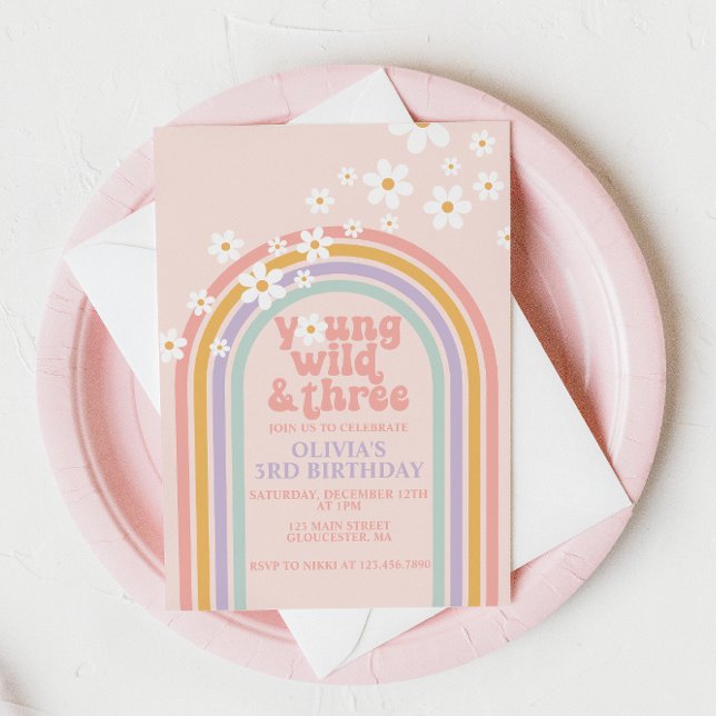 Ung Vild Tre Pastel-regnbåge 3 års födelsedag Inbjudningar (Skapare uppladdad)