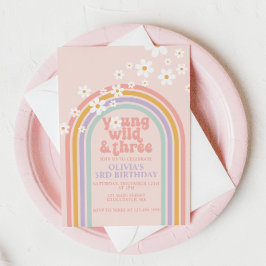 Ung vild tre Pastell regnbåge 3-årsdag Inbjudningar