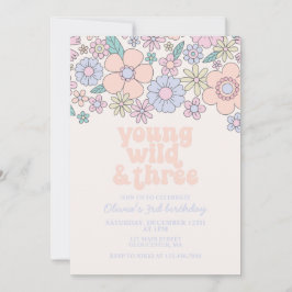 Ung vild tre retro blommig 3-årsdag inbjudningar