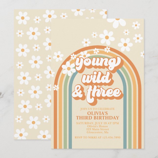 Ung Vild Tre Retro Rainbow Daisy Birthday Inbjudningar (Fram/baksida)