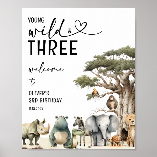 Ung Vild Trea Safari 3-års välkomstskylt Poster (Framsidan)