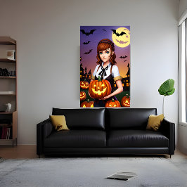 Unga dam bruna hår som håller pumpa | AI Art Poster
