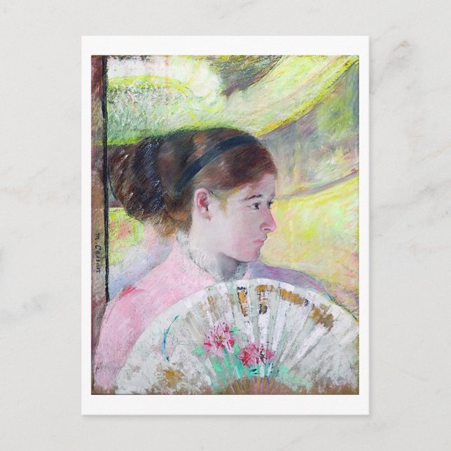 Unga Dam med japanska Fläkt, Mary Cassatt Vykort (Framsida)