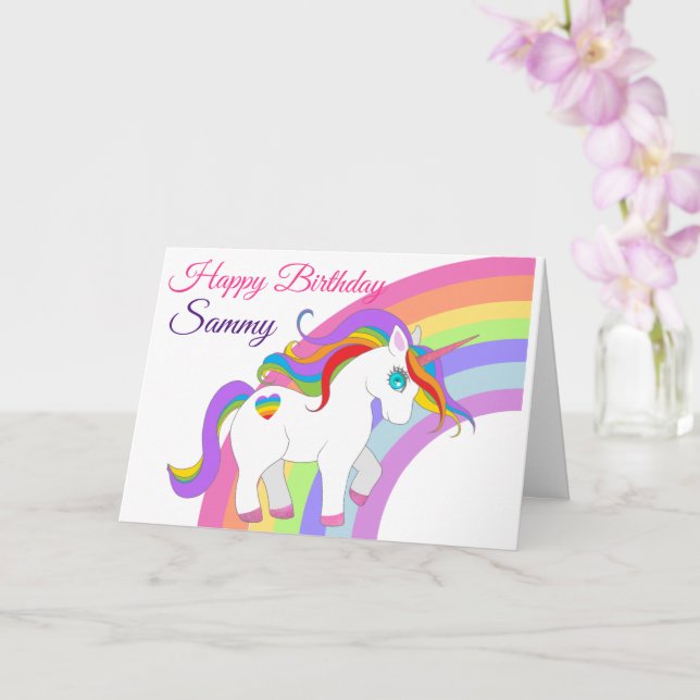 Unga flickans födelsedag Unicorn Personalize Namn Kort (Orkide)