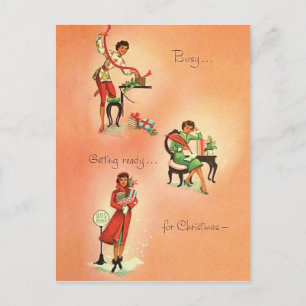 Unga flickor får redo till jul, vintage vykort