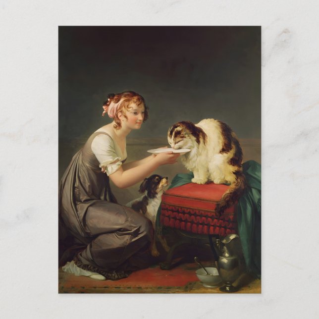 Unga flickor Ge Mjölk till hennes kattkonst Vykort (Framsida)