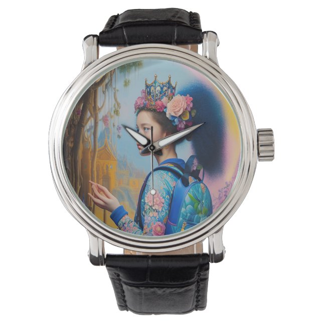 Unga flickor i skog med ryggsäck armbandsur (Framsida)